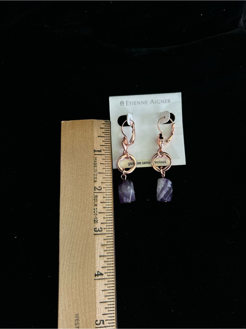 Etienne Aigner Rose Gold & Semi Precious Purple Amethyst Dangle Earrings - Picture 5 of 5